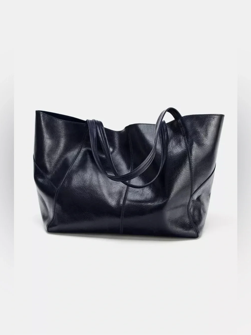 Maxi Genuine Leather Shopper Tote Bag in Navy